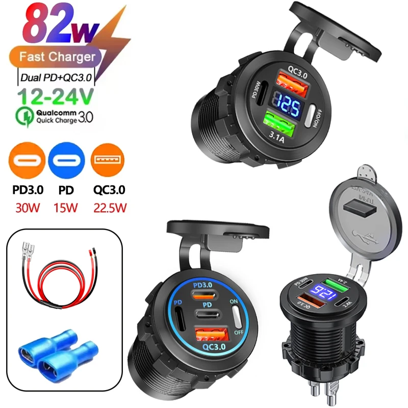 Auto-Ladegerät mit Dual-USB PD&QC 3.0, 4 Anschlüssen, schnelles Laden mit Voltmeter, wasserdichter Steckdosenadapter für Auto und Boot