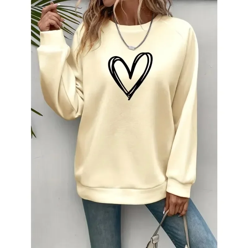 Jersey informal con estampado de corazón y cuello redondo para mujer, sudadera suave de manga larga para primavera y otoño, jersey de calle que combina con todo