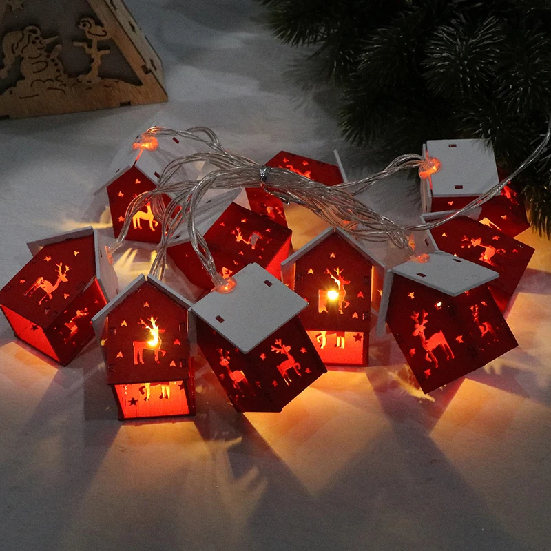 1Pcs Christmas Wooden House LED String Light Xmas Tree Hanging Ornament Decoration New Year Gift