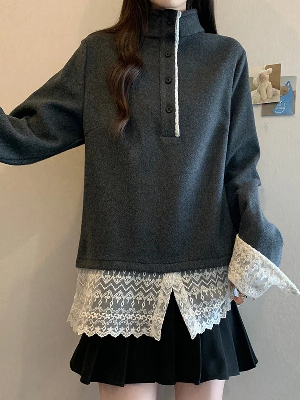 

Женское шерстяное пальто больших размеров с кружевной отделкой, воротником-стойкой и лоскутным дизайном, осенне-зимнее, новое, универсальное, комфортное