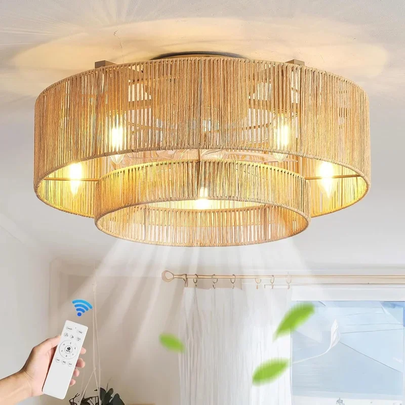50CM Rattan Ceiling Fan with Lights Remote Control 6 Speeds Reversible DC FAN New Bedroom Ventilator Fan Lights Cooling Fan Lamp