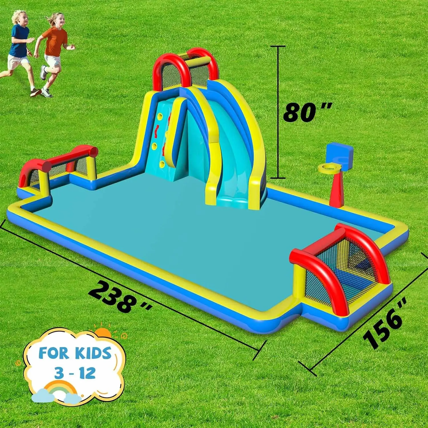 Scivolo gonfiabile con doppia porta da calcio, grande piscina antispruzzo, canestro da basket, parete da climbare, ventilatore d'aria, scivolo rimbalzante per bambini per P