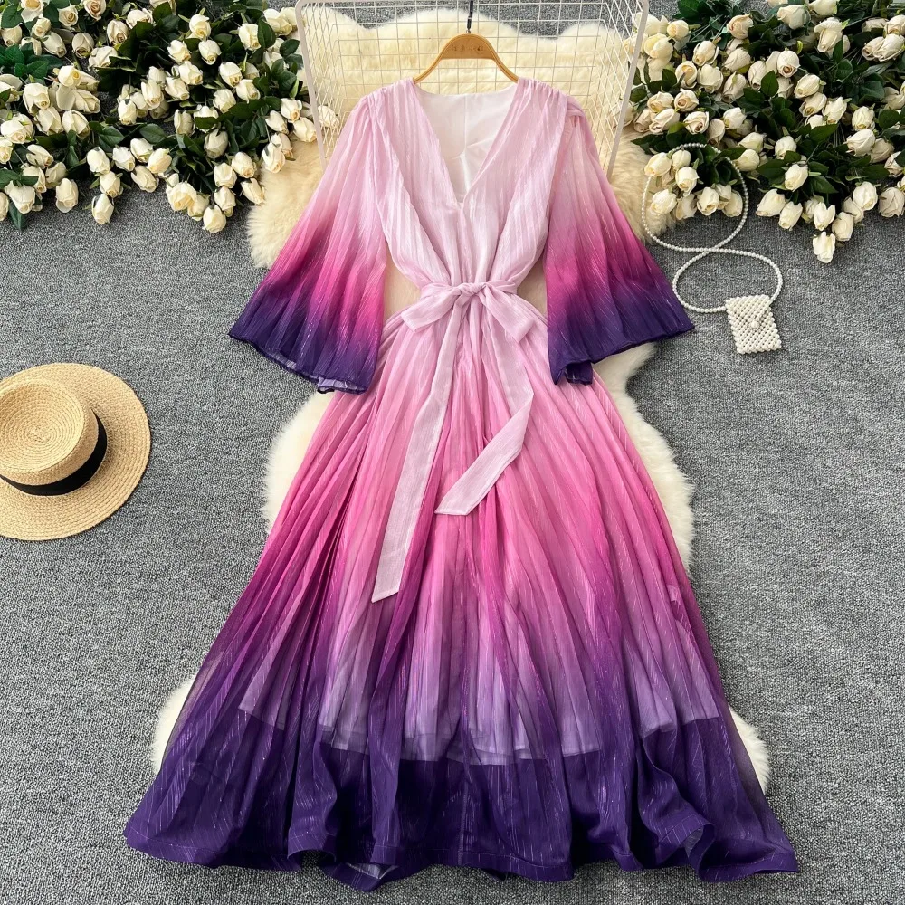 

Vintage Elegant V-neck Flare Sleeve Gradient Loose Dress A-line Fashion Beach Spring Summer Vestidos Women Sweet Dresses