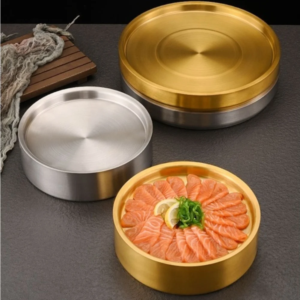 1pc 304 Stainless Steel Sashimi Ice Platter Round Serving Tray For Seafood Sushi Meat Chilled Dish Kitchen Dinnerware