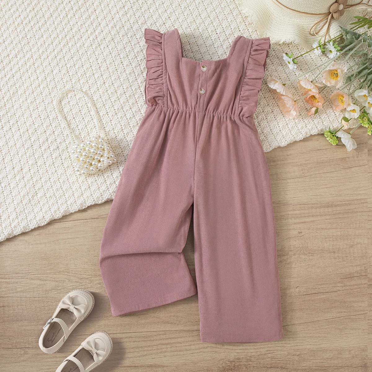 Girls Solid Color Romper Sleeveless Vest Pleated Hem Butterfly Knot Wide Leg Pants Square Neck Casual Sweet Fashionable