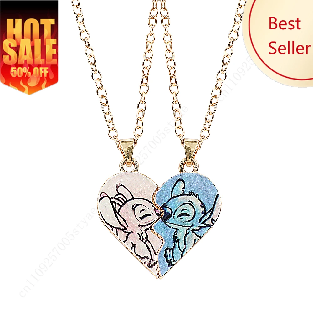

Stitch Angel Couple Necklace Disney Cartoon Heart Neck Chain Love Jewelry Acessorios Holiday Party Decorations Gifts