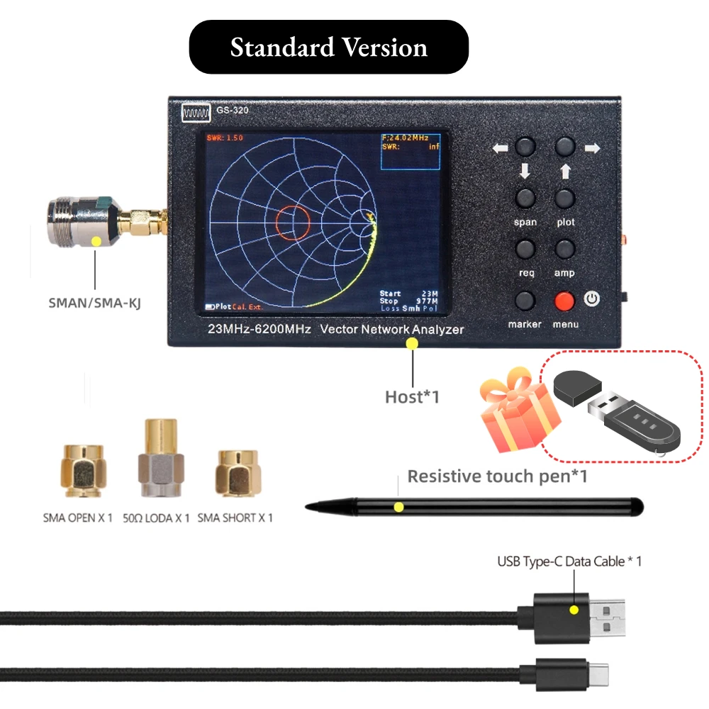 HTOOL GS320 محلل شبكة المتجهات 23 ميجا هرتز-6200 ميجا هرتز بطارية VNA المحمولة ، قياس نسبة الموجة الدائمة لقياس الجهد ، المرحلة ، مخطط سميث