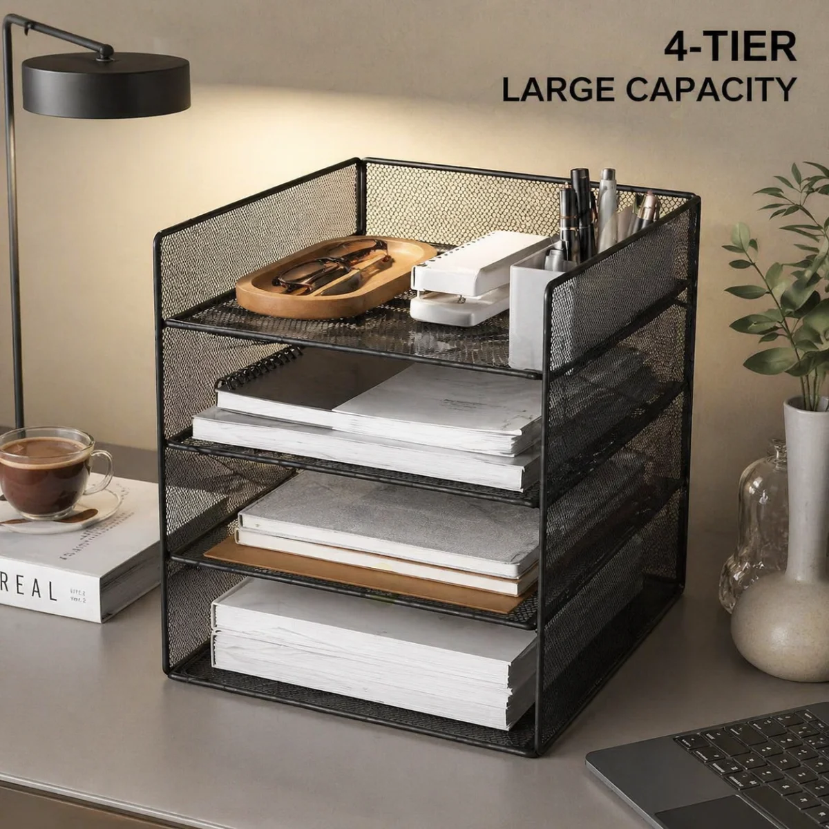 lack File Organizer Rack for Desk, Integrated Design Document Holder Sorter, Durable Office Storage Tray for A4 Papers