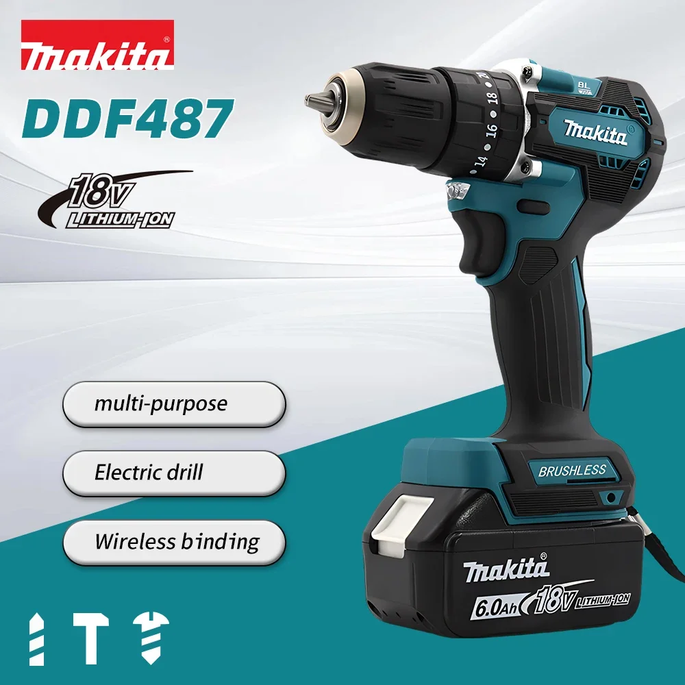 Makita DDF487 18V Cordless Brushless Electric Drill Driver Compact High Torque LXT Electric Variable Speed Brushless Motor Tool