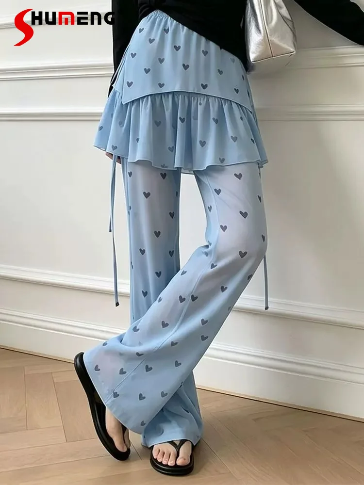 

2026 Women's Summer Faux Two-piece Lotus Leaf Edge Wide Leg Pants Love Heart Printing Trousers Over Size High Waist Trendy Pants