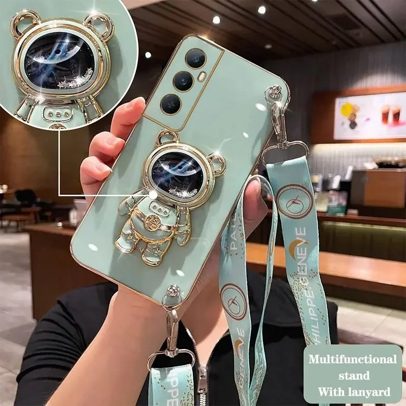 

C65 Lone Astronaut Holder Lanyard Plating Phone Case For Realme C65 Shatterproof Camera Protection Realme C65 Soft Back Cover