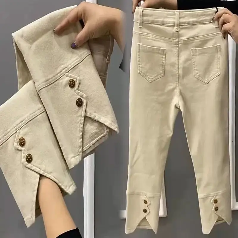 Fashion Elastic Denim Cotton Cigarette Pants Women Spring Summer New Slim Solid Color Double Button Eight-point Straight Pants