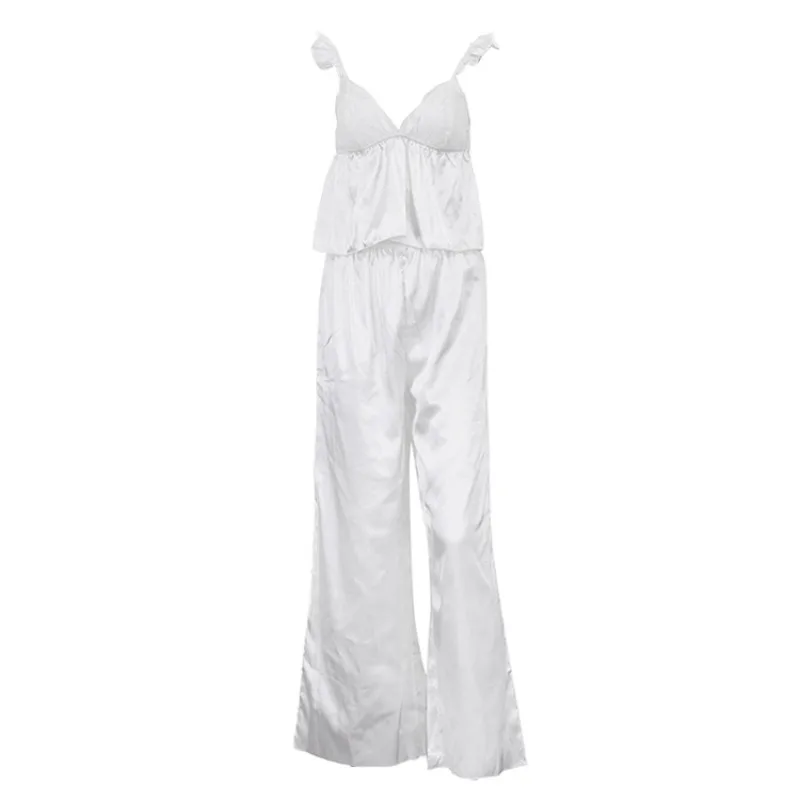 Damen Satin 2-teiliges Loungewear-Set, Spitzenrüschen-Cami-Top, weit geschnittene Hose, rückenfreie Schlafkleidung mit Bindeband, Nachtwäsche, Pyjama-Sets – Detail 4