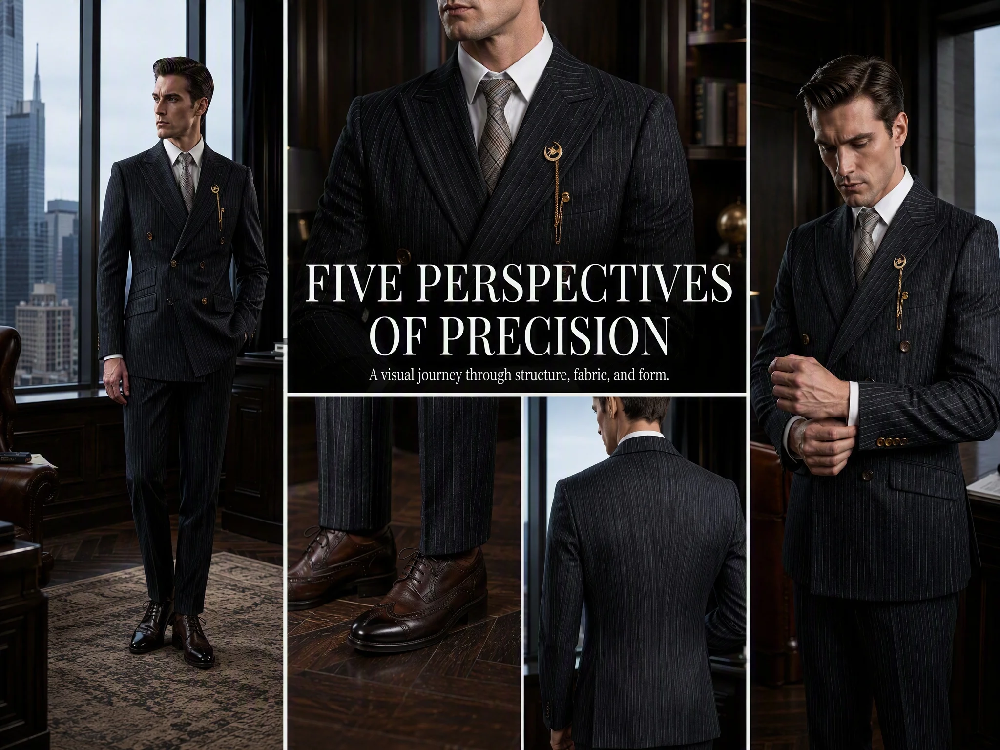 Immagine 5: Completo da uomo a righe, composto da due pezzi, doppiopetto, con motivo a righe sottili nere, taglio italiano, stile britannico, giacca e pantaloni eleganti di alta qualità.