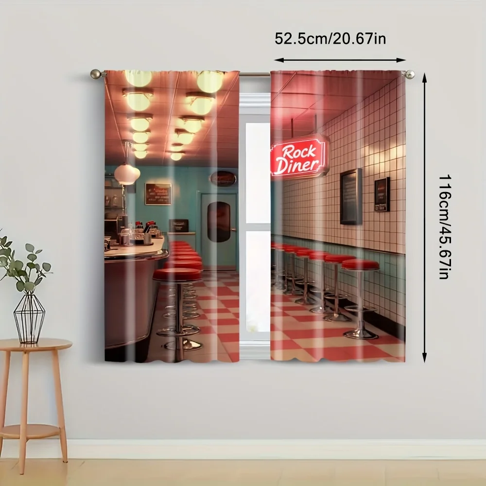 Retro American Diner Neon Sign Blackout Curtains - Vintage 50s Restaurant Print Window Drapes for Kitchen Cafe Decor