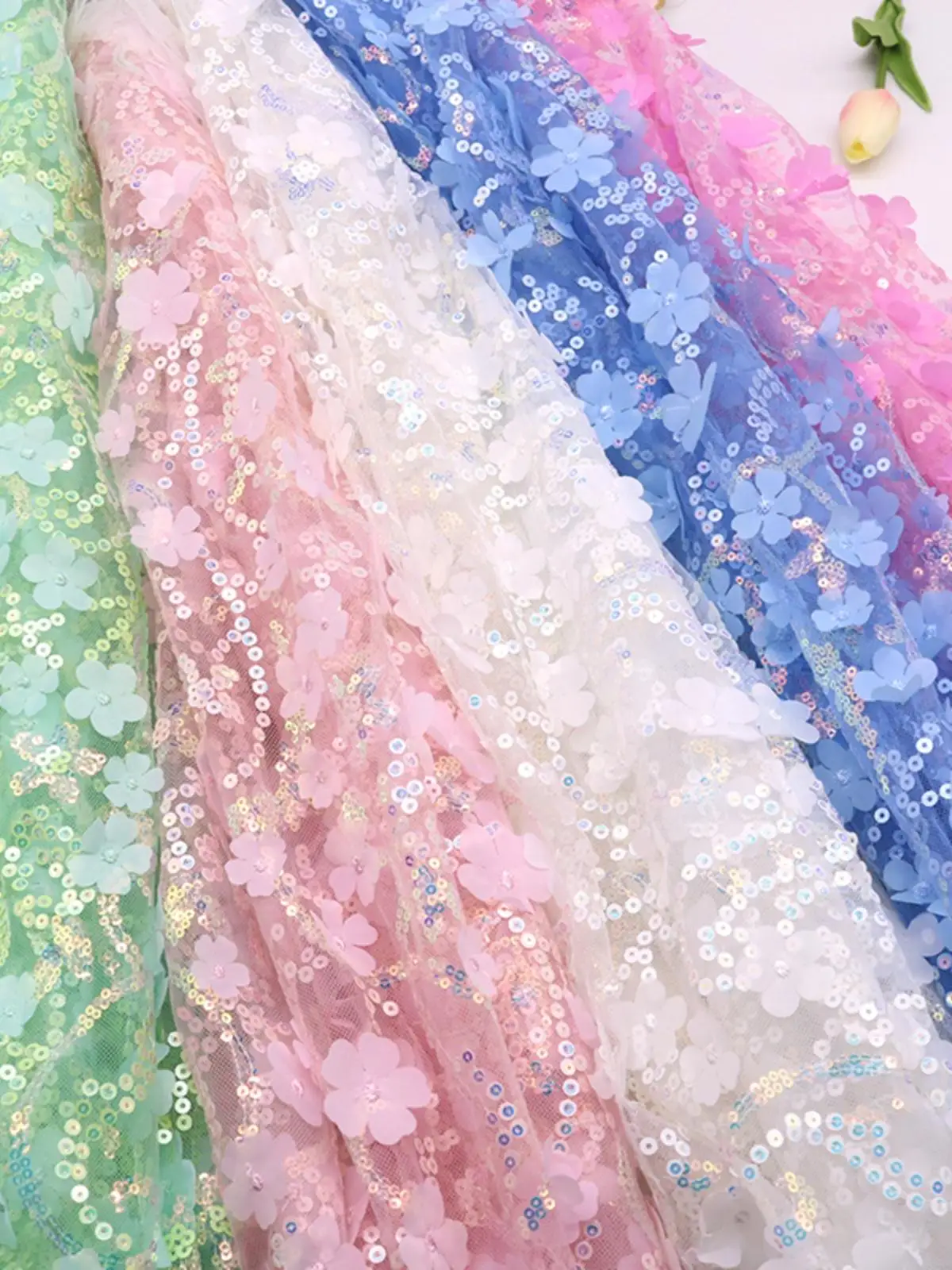 

White Mesh Fabric with 3D Sequins And Petal Embroidery Fashionable Stage Clothing Fabric for Background Decoration