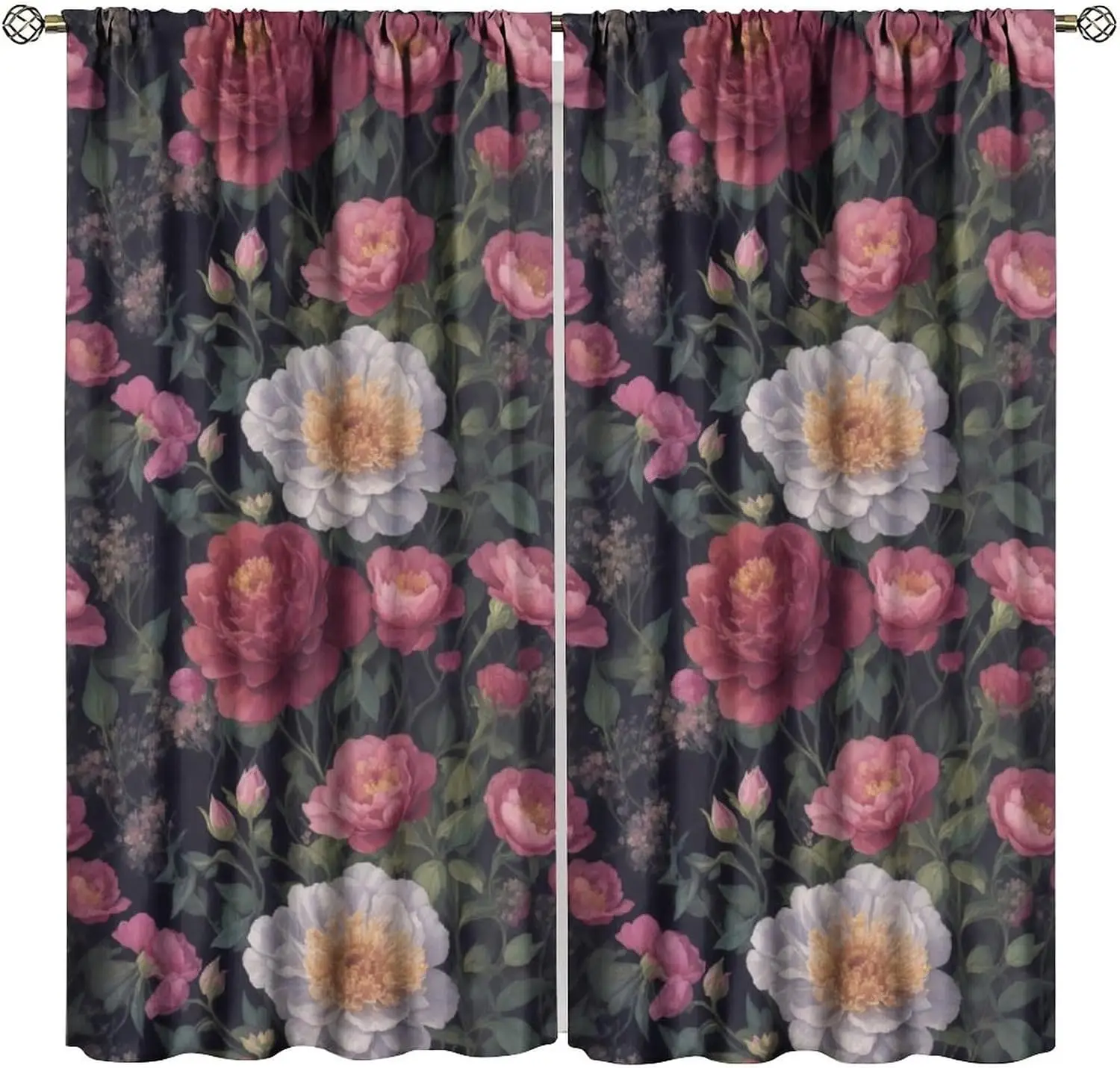 Elegant Floral Curtains Pair 2pcs Peony Rose Print Drapes Romantic Botanical Style Home Decor Window Curtain Panel