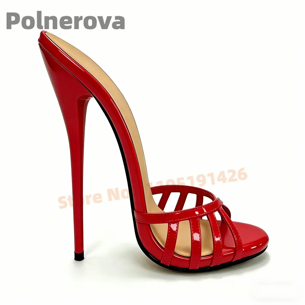 

Women's 16Cm Red Patent Leather Caged Mules High Heels Slippers Sandals Open Toe Stiletto Slip-On Party Dress Shoes Summer