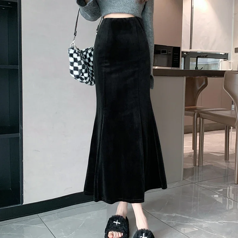 Elegant Velvet Black Long Skirts Women 2026 Casual High Waist Faldas Sexy Mujer Slim Korean Style Y2k Clothes Vintage Midi Skirt