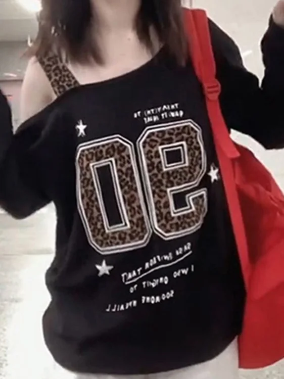 American Sle Leopard Print oulder Bared Long Sve T irt Women's Loose Slimming Spring Autumn New Faion Trendy Top