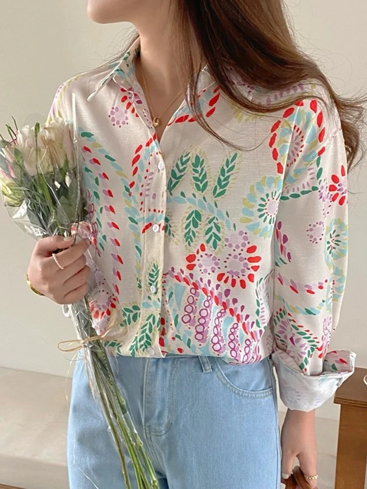 시크 여성 셔츠 빈티지 젠틀 루즈 디자인 센세이션 엘레강스 한국 스타일 긴팔 폴로 칼라 프린트 캐주얼 패션