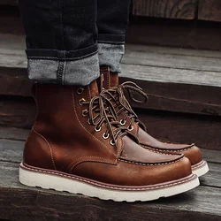 Vintage British Casual Men Shoes Handmade Autumn Winter Snow Plush Warm Ankle Boots Wings Round Toe Motorcycle Boots Cow Leather