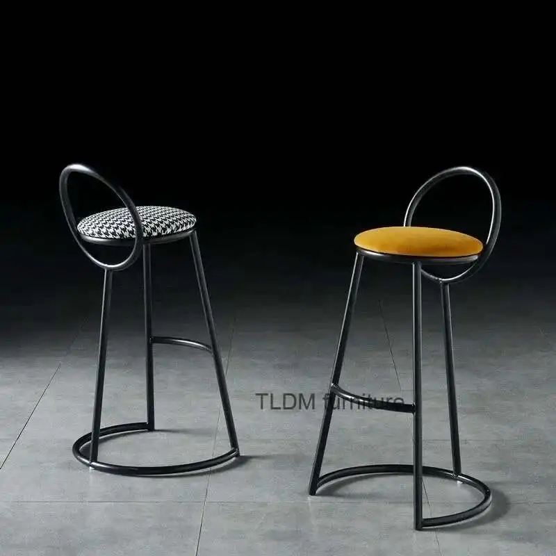 

Light Luxury Design Iron Bar Chairs Home Kitchen High Stool Nordic Bar Furniture Front Desk Reception Chair Soft Bag Back Chair