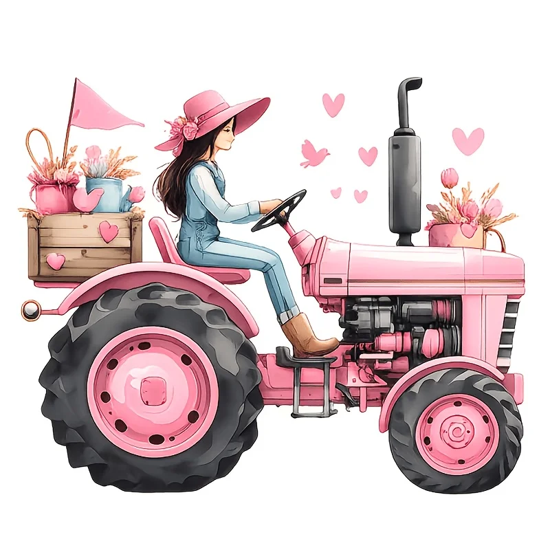Girl Driving Pink Tractor Vinyl Sticker, Waterproof Cartoon Decal for Car, Laptop, Fridge, Table, Water Bottle, Easy Apply Decor