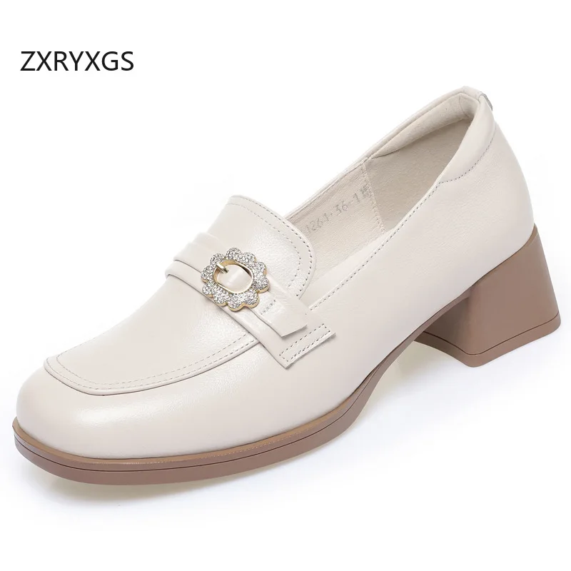 

ZXRYXGS Top Cowhide Elegant Comfortable Thick Mid Heels 2026 New Fashion Spring Women's Genuine Leather Shoes Trendy Large Size