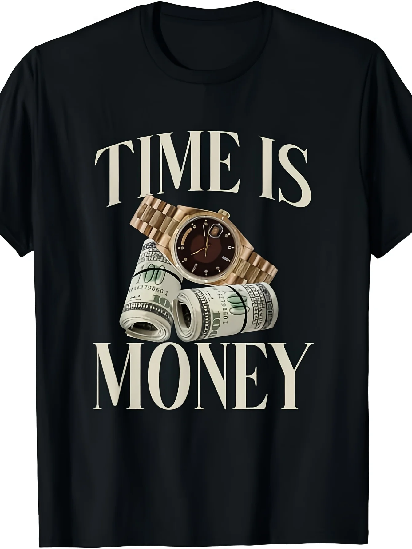 Exquisite and Comfortable 'Time Is Money' Cash Business Millionaire Cryptocurrency Rich T-Shirt | Same for Men and Women, 2026 Summer Short Sleeve Printed T-Shirt, 220G, Vintage Style, Crew Neck, Pullover, Micro-Elastic Fabric, Regular Version