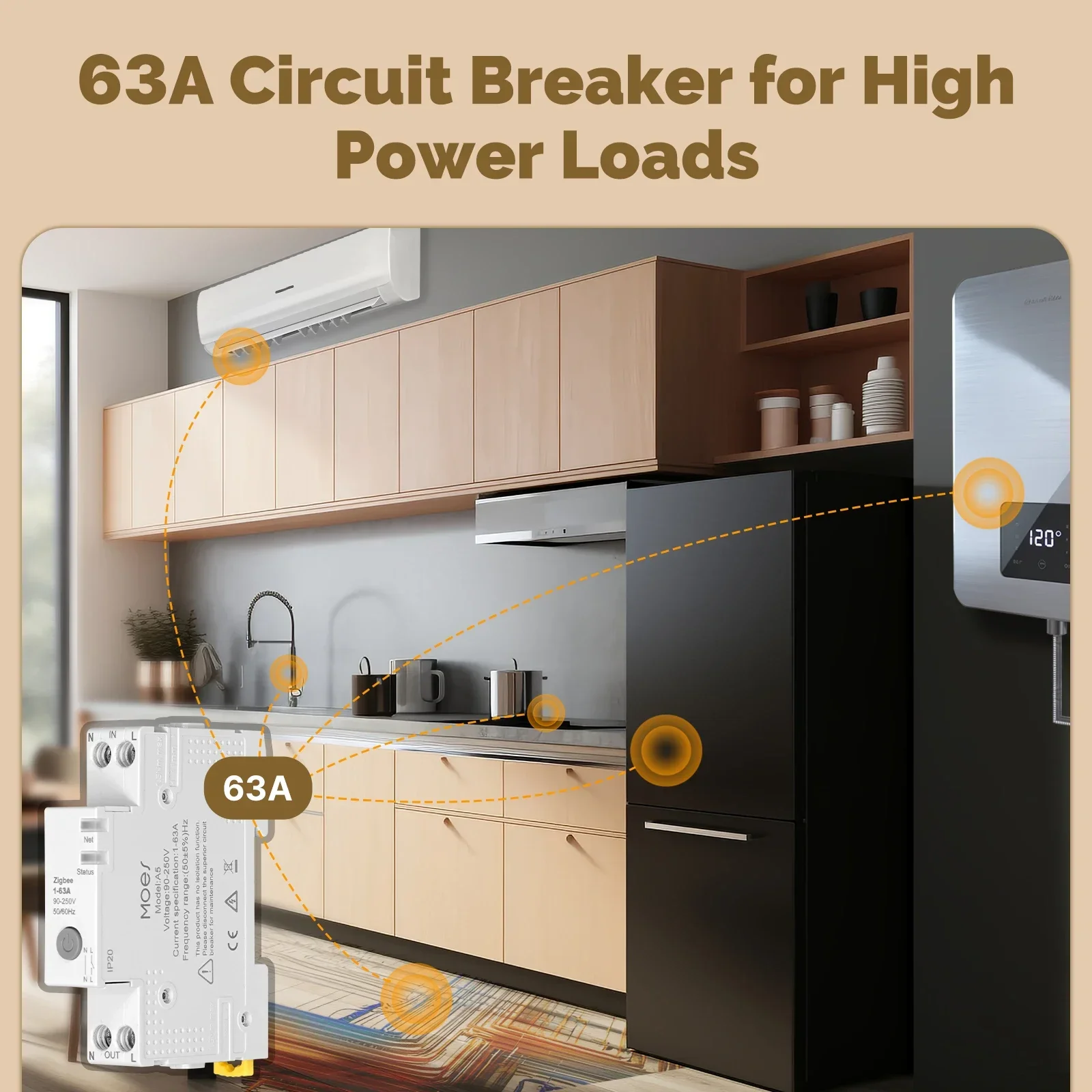 MOES Tuya Zigbee قطاع دارة ذكي 63A مراقبة الكهرباء المانع إنذار عتبة مجموعة APP التحكم مع Alexa V0 مقاومة للحريق