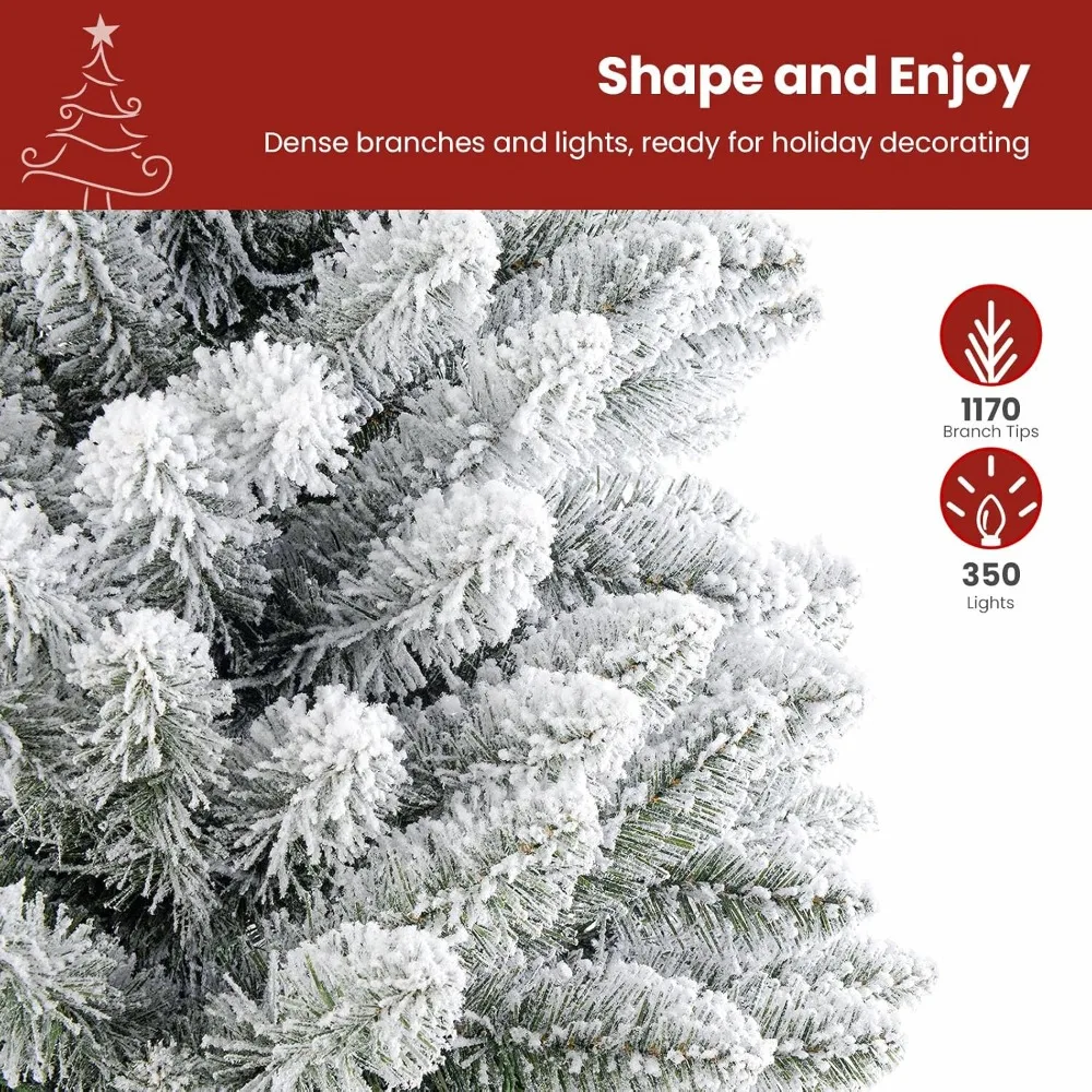 

7.5ft Prelit Snow Flocked Spruce Artificial Christmas Tree with 350 Incandescent Warm White Lights, Foldable Stand