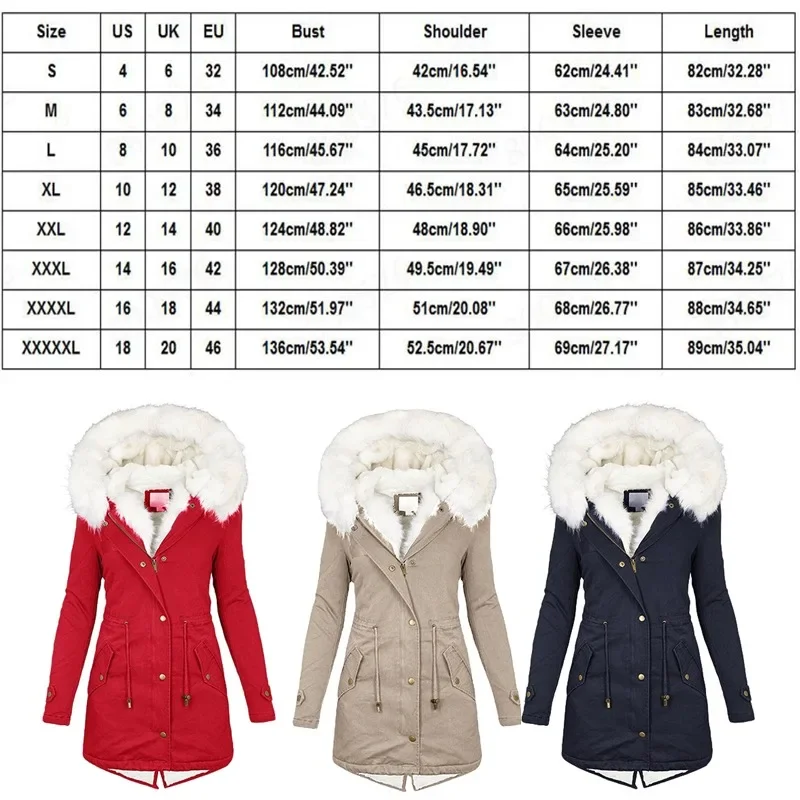 Womens Jacket Winter Warm Fleece Hooded Coat Medium Long Solid Color Faux Fur Zipper Windbreaker Jacket Parka Coats Outwear