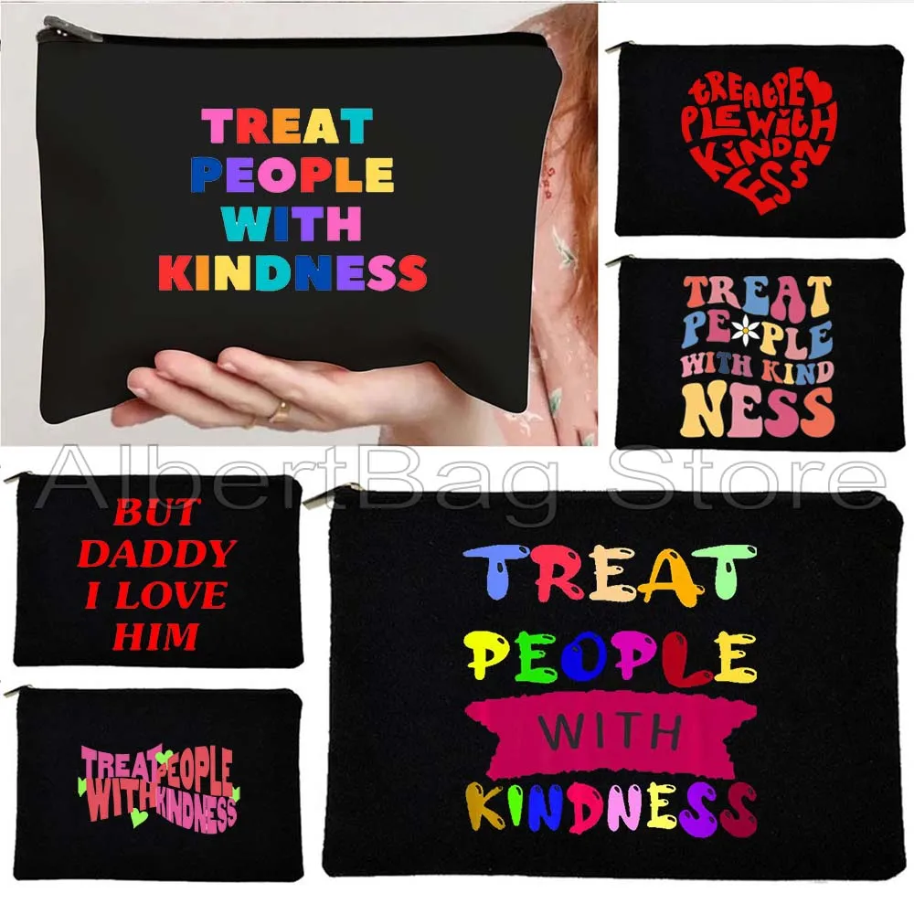 Rainbow Treat People With Kindness Lettering Print Sunflower Cute Gifts Canvas Cosmetic Bag Makeup Toilet Bag Pencil Case Pouch