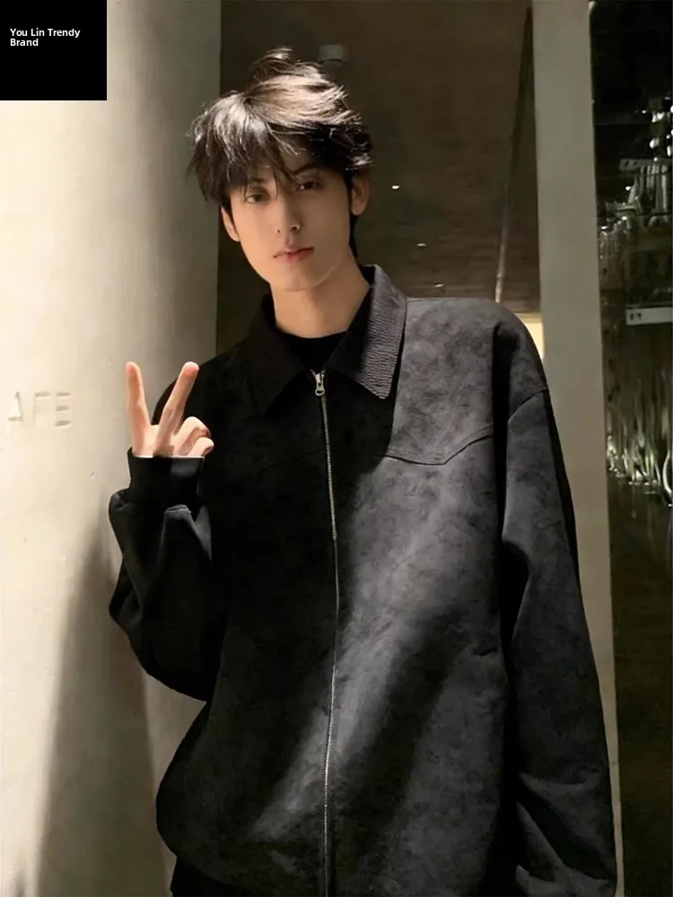 

Мужская куртка из искусственной кожи с эффектом окрашивания, в стиле ретро, американская, в стиле Детройт, с воротником, бейсбольная, премиум-класса