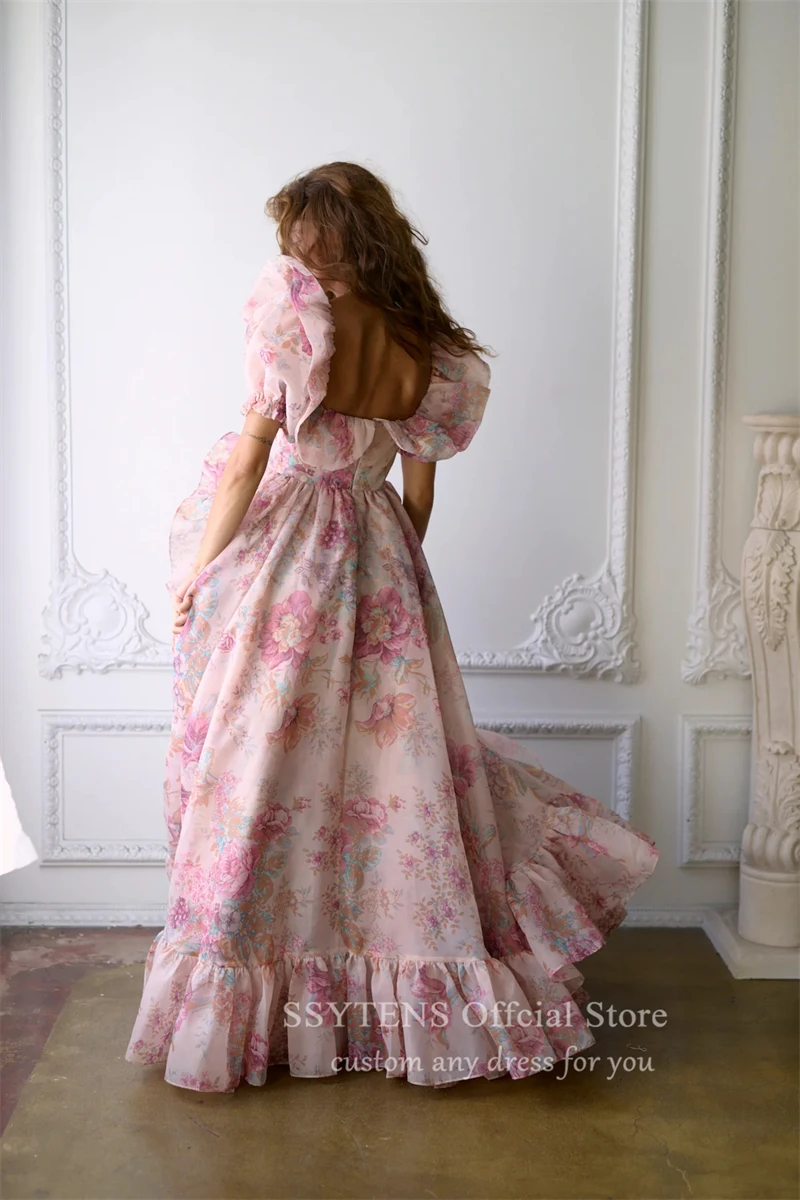 Chic Print Formal Party Dresses Puff Sleeves Ruffle Tulle Junior Pageant Senior Prom Gowns Gala Evening Event Gala Custom Dress