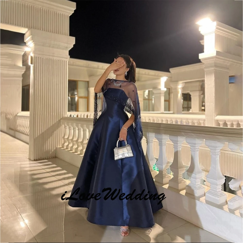 

Элегантное синее вечернее платье 2026 Дубай Атласная кружевная накидка трапециевидной формы до щиколотки Пром платья Вечернее платье для свадьбы Customizd 2025