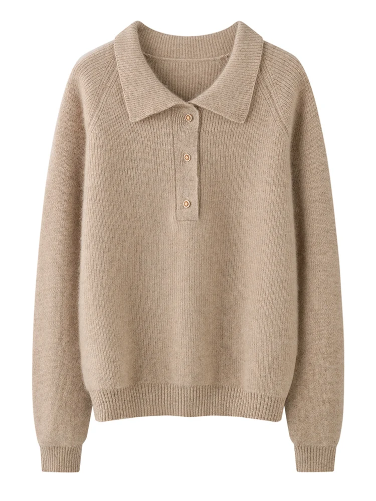 

TLOML New Women 100% Cashmere Sweater Polo Collar Buttons Pullover Autumn Winter Solid Casual Style Cashmere Knitwear Soft Tops