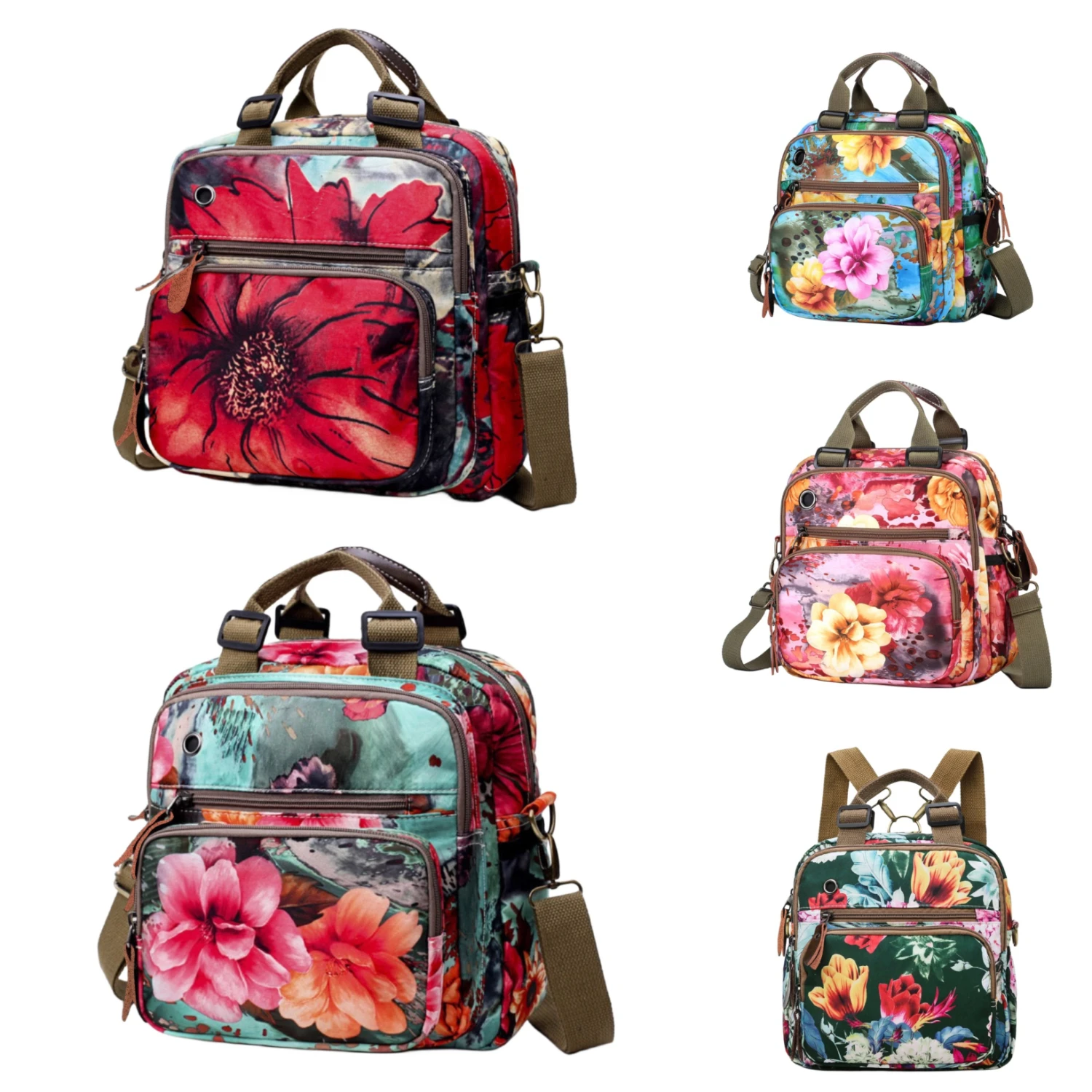 Vintage Flower Pattern Backpack With Hole, Trendy Multi-pocket Zipper Crossbody Bag, Perfect Casual Shoulder Bag For Daily Use