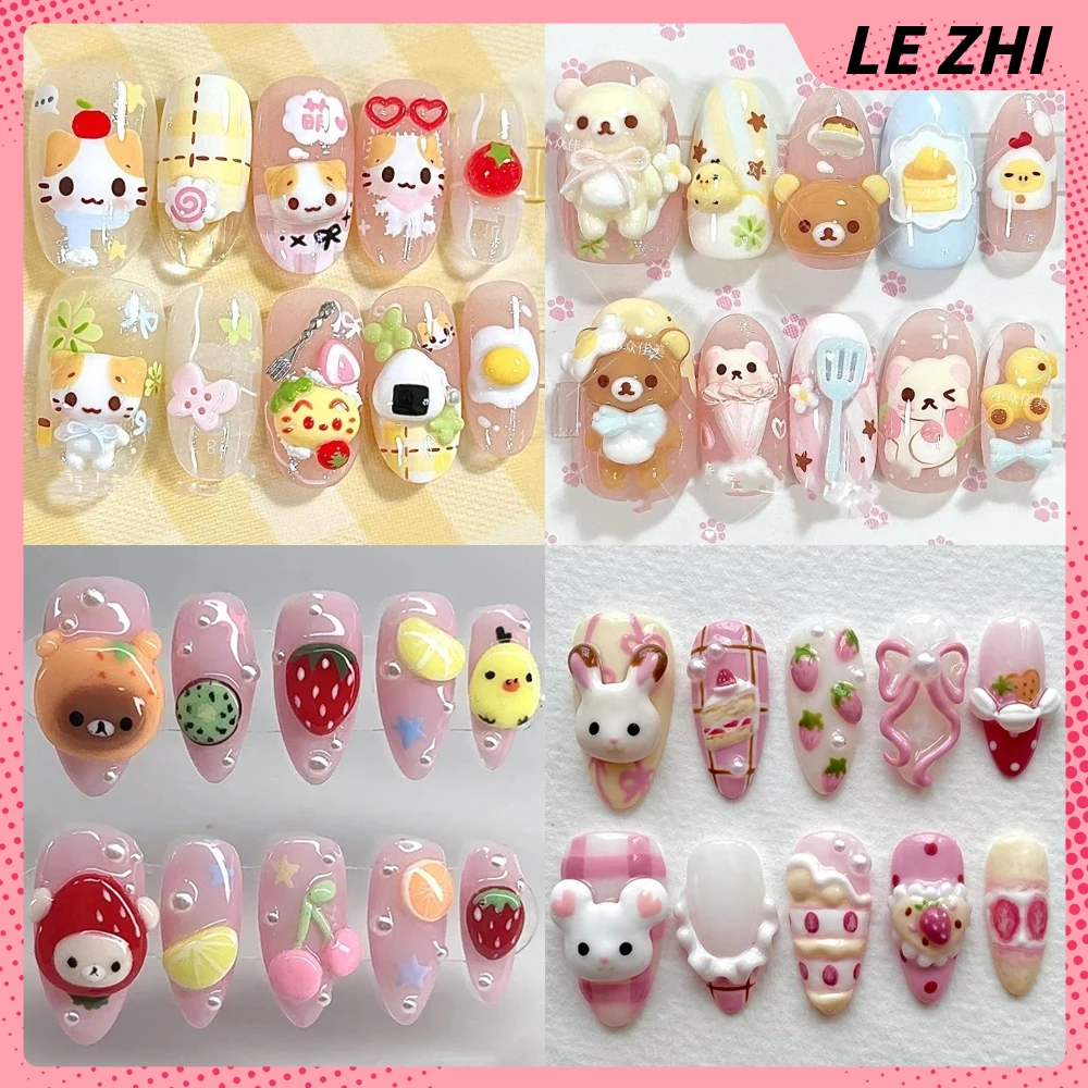 

Kawaii Anime Rilakkuma Almond Ellipse Handmade Full Cover Nails Cartoon Cat Rabbit Bear Strawberry Flower Bow Wearable Fake Nail