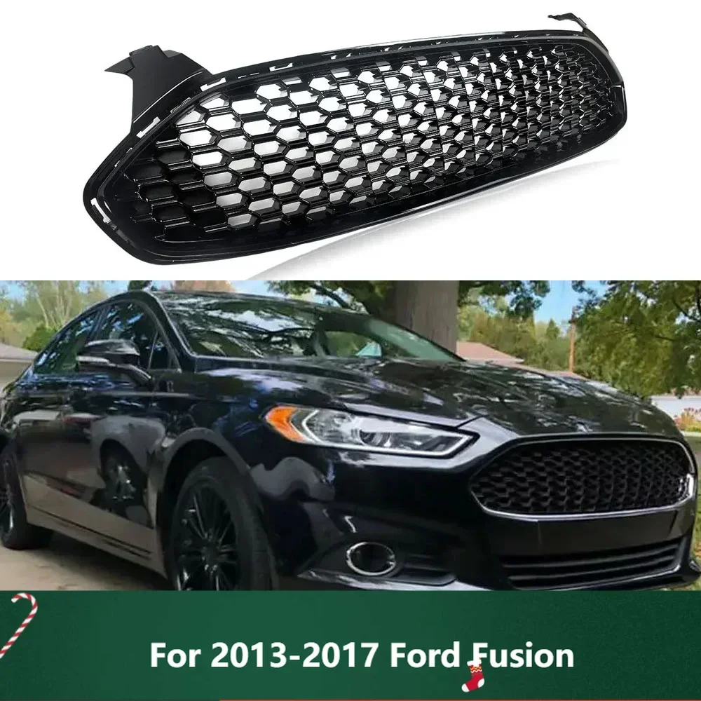 New！Suitable for 2013-2017 Ford Fusion Gloss Black Honeycomb Front Bumper Grille Mesh Replacement Automotive Parts