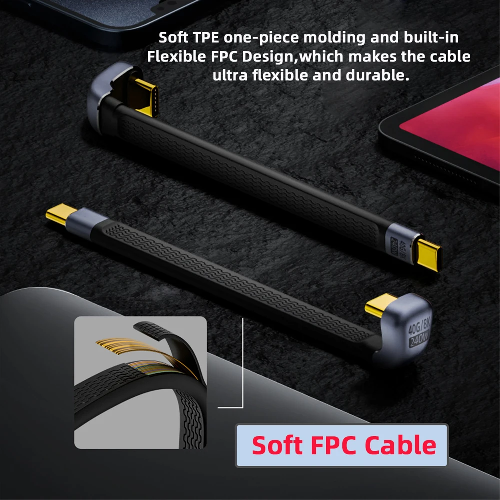 สายเคเบิล USB4 40Gbps 100W 8K ข้อมูล FPC บางแบน240W Type-C USB-C ตัวผู้ไปยังตัวผู้240W Type-C USB-C ตัวผู้กับตัวผู้สำหรับแล็ปท็อปขนาด13ซม.