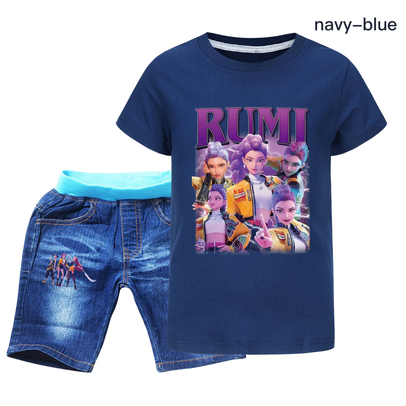 

KPop Demon Hunters Baby Sports Suit Cute Cartoon T-Shirt Jeans shorts Set for Girls And Boys Kids' Summer Clothing Outfit