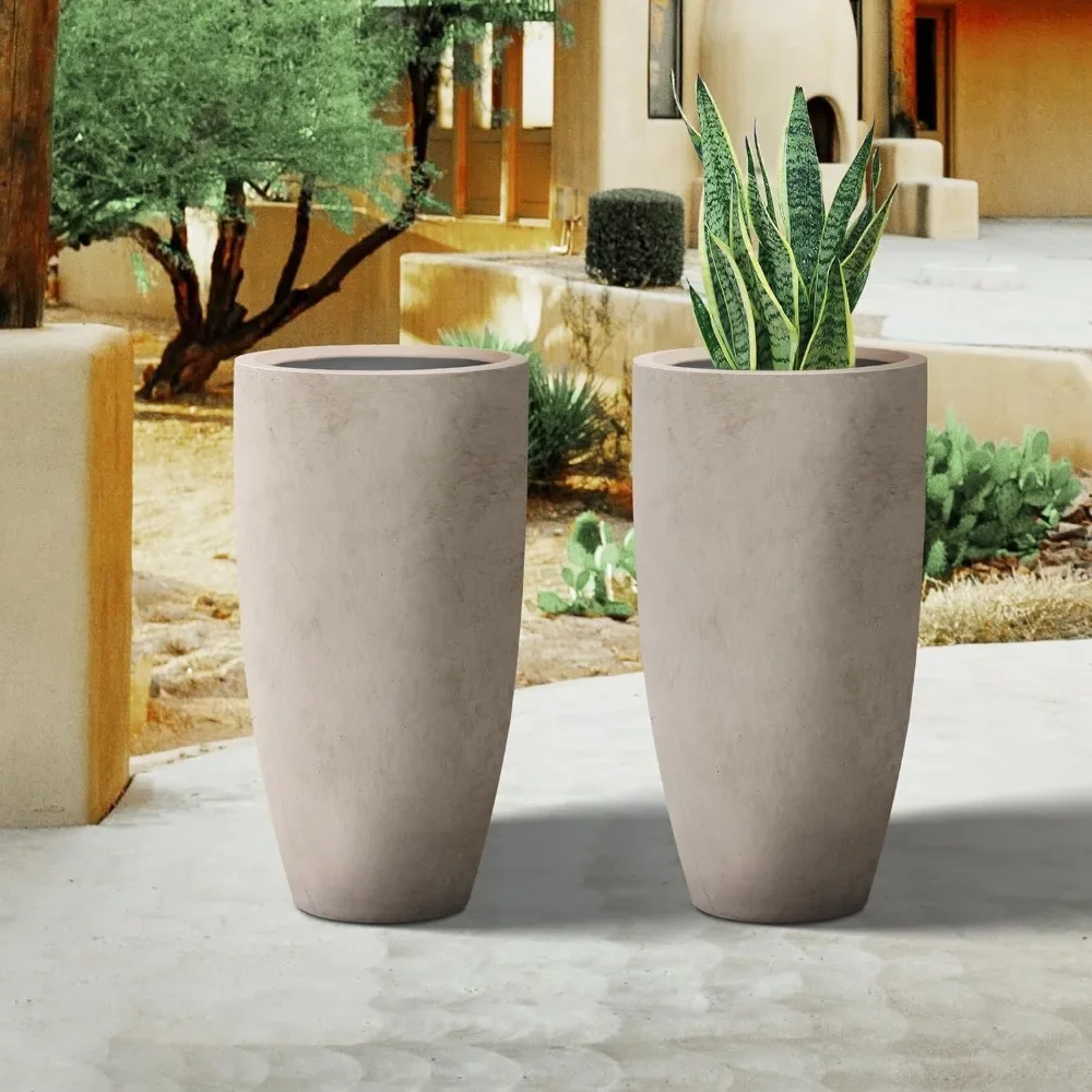 

23.6" H Weathered Concrete Tall Planters (Set of 2), Large Outdoor Indoor Decorative Plant Pots