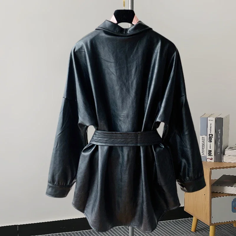 ใหม่กลางยาวผู้หญิง Faux PU หนังแจ็คเก็ตเข็มขัดสีดําไวน์แดง Casual Lapel Single-breasted แขนยาวเสื้อหนังปลอม