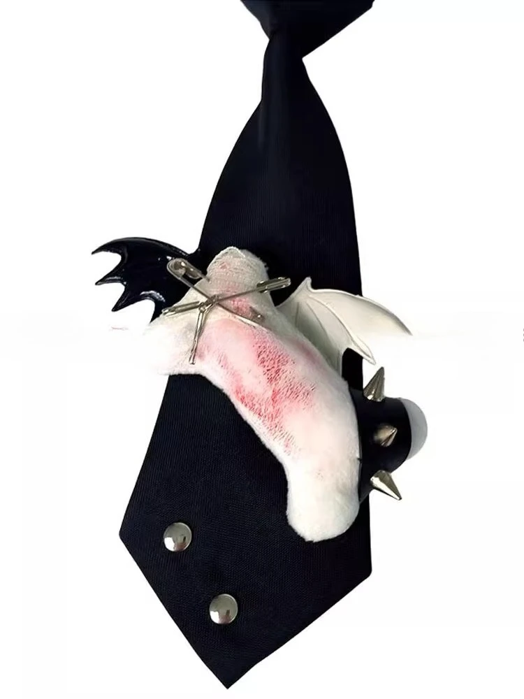 

Original Short Tie No Bones Black and White Cute Wear Personalized Rivets Punk Wings Vampire with Shirt Trendy Style Tie Men