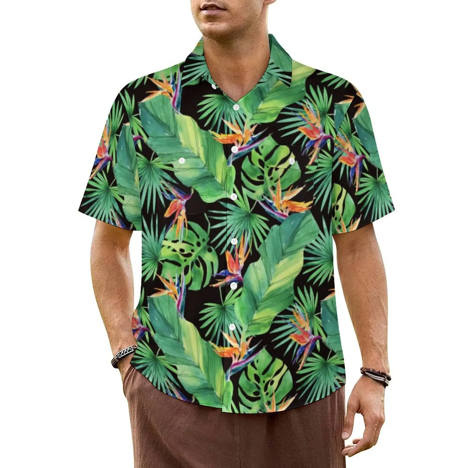 

Jungle Tropical Print Casual Shirt Bird of Paradise Loose Summer Shirts Men Short-Sleeved Beach Streetwear Oversized Blouses