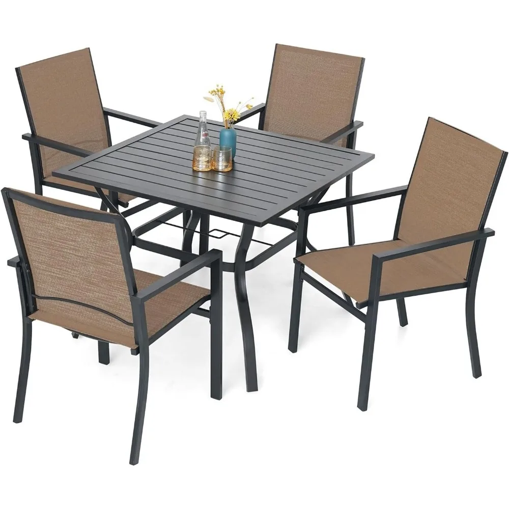 

5 Piece Patio Dining Set for 4, 37”x37” Square Table with Umbrella Hole, 4 Metal Sling Chairs, Outdoor Table and Chairs Set for