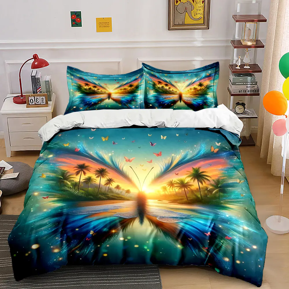 Tropical Sunset in Butterfly Shape Bedding Set for Kids Luxury Gift 3pcs Digital Print Comforter Set Soft Comfortable Breathable