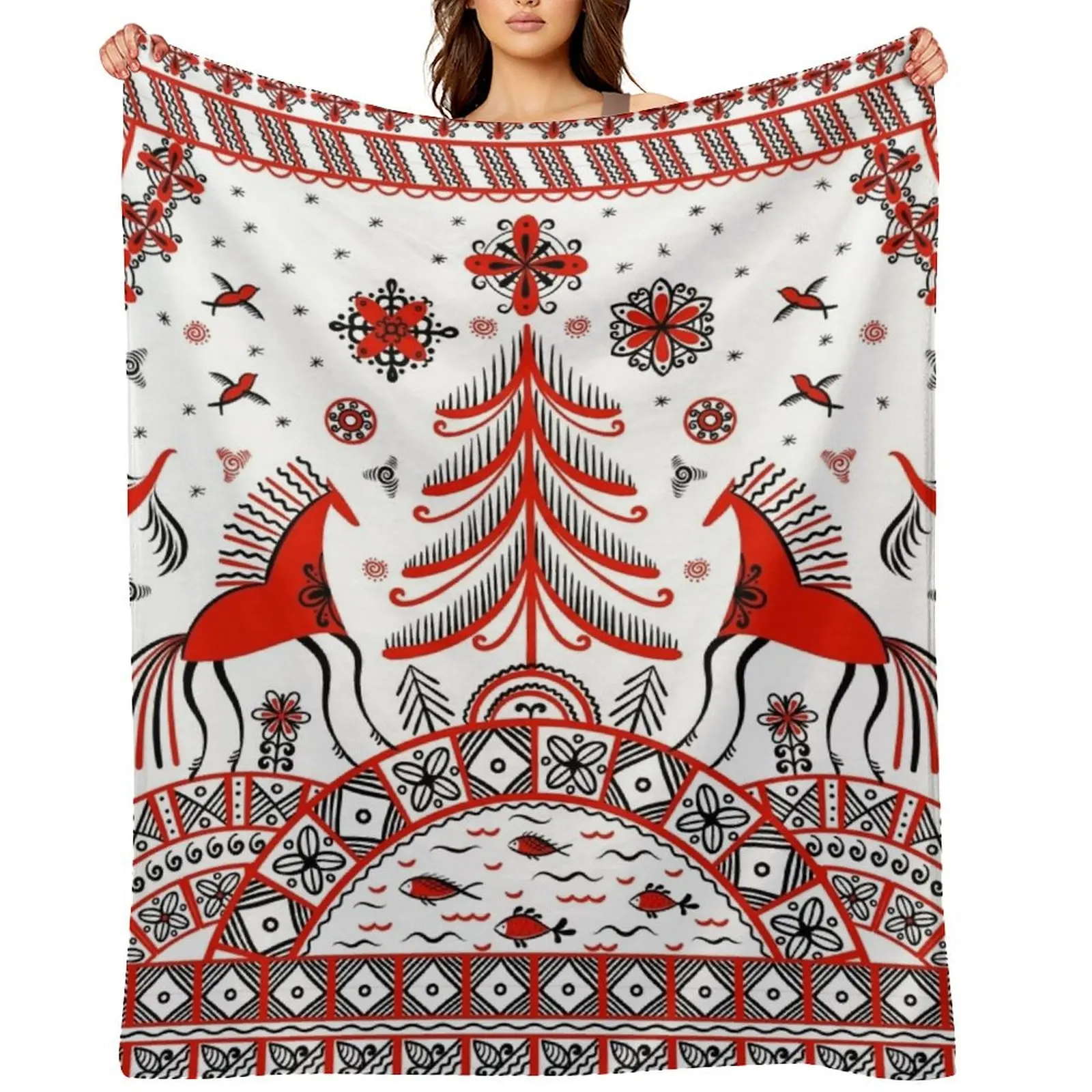 

Russian folklore ornament. Mezen painting. Throw Blanket Luxury Throw Sleeping Bag warm for winter Soft Beds Blankets